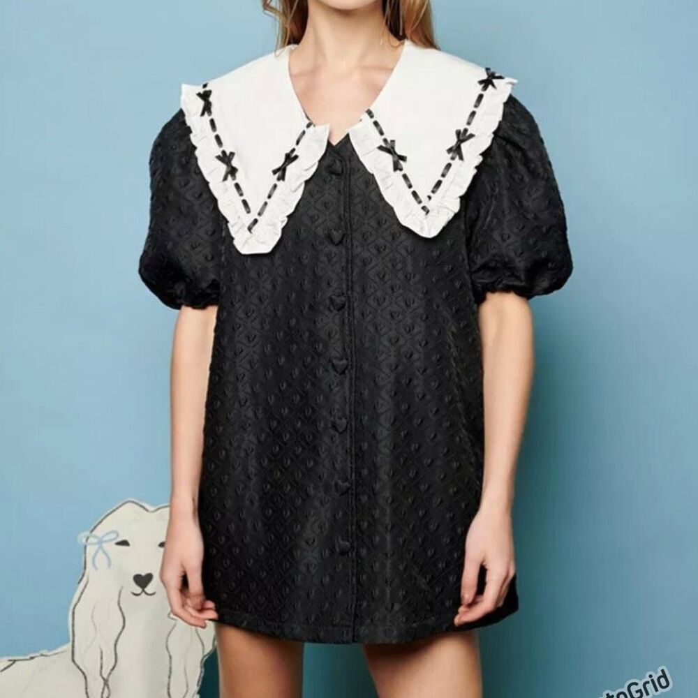 Sister Jane Black and White Bonnie Bow Collar Mini Dress XS Women